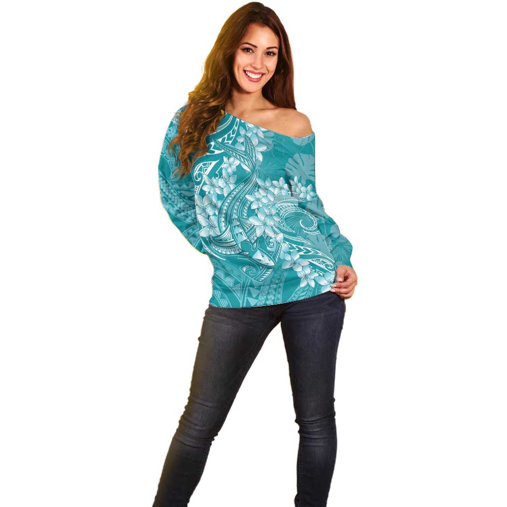 Teal Polynesia Hammerhead Shark Tattoo With Plumeria Lei Off Shoulder Sweater