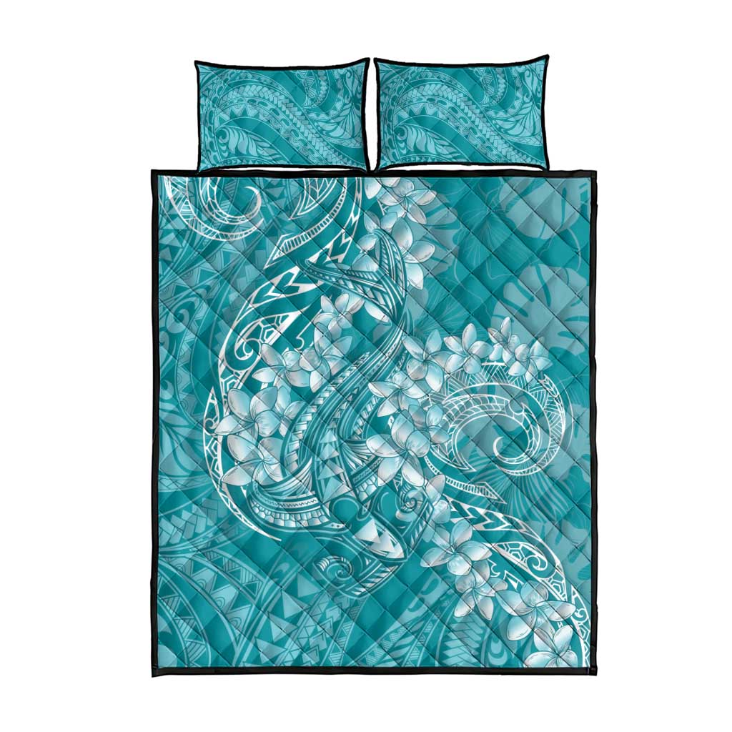 Teal Polynesia Hammerhead Shark Tattoo With Plumeria Lei Quilt Bed Set