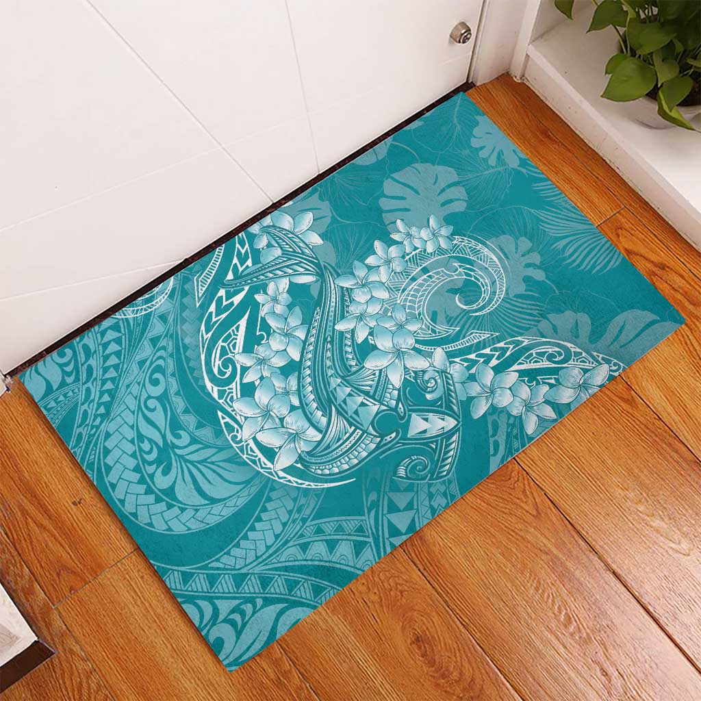 Teal Polynesia Hammerhead Shark Tattoo With Plumeria Lei Rubber Doormat