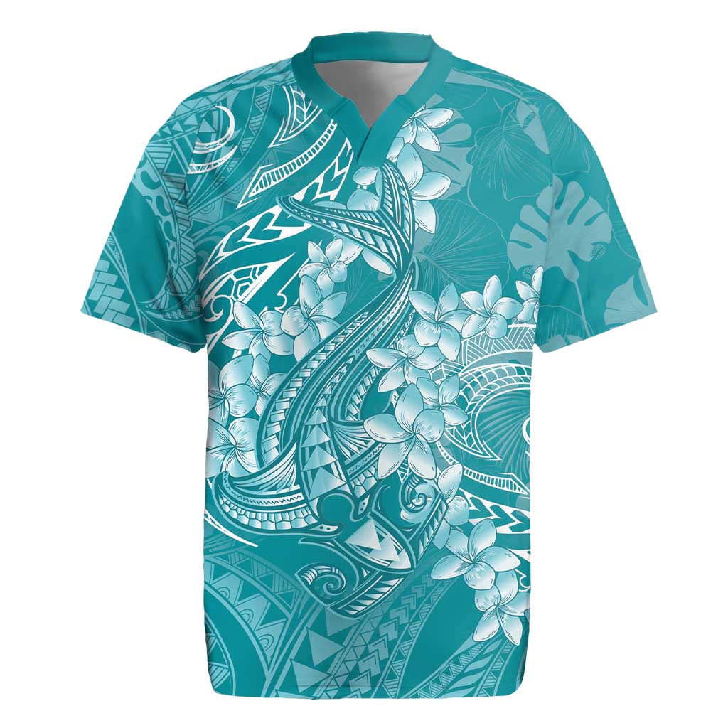 Teal Polynesia Hammerhead Shark Tattoo With Plumeria Lei Rugby Jersey