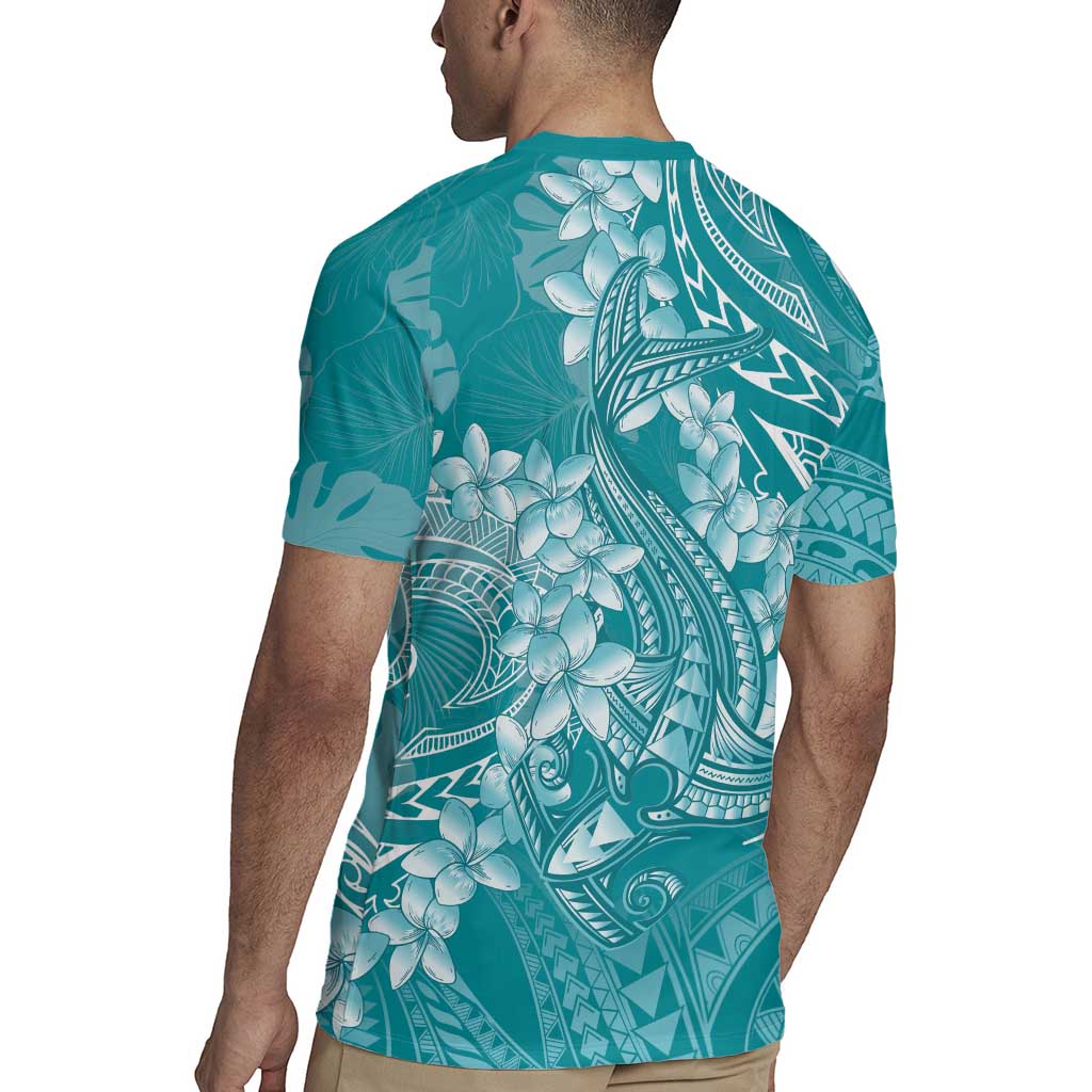 Teal Polynesia Hammerhead Shark Tattoo With Plumeria Lei Rugby Jersey