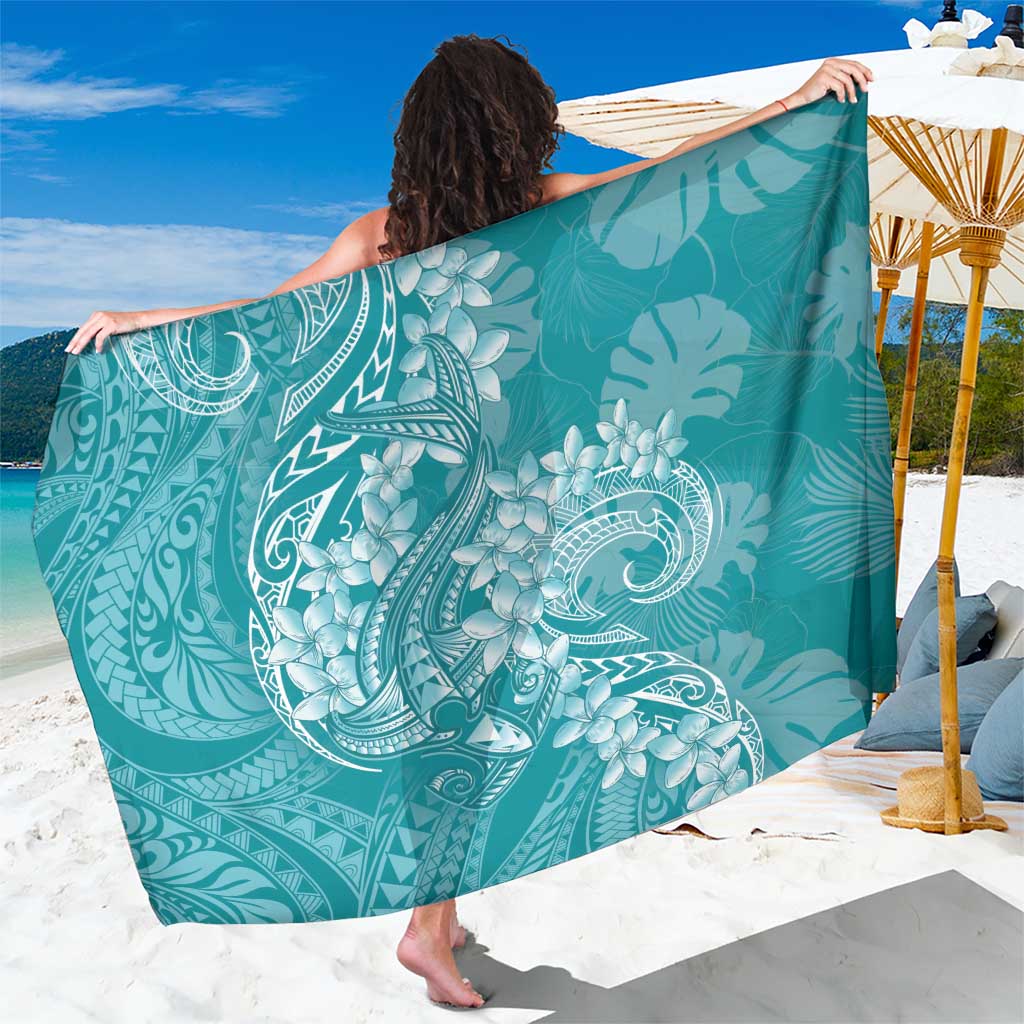 Teal Polynesia Hammerhead Shark Tattoo With Plumeria Lei Sarong