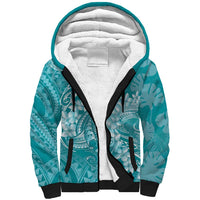 Teal Polynesia Hammerhead Shark Tattoo With Plumeria Lei Sherpa Hoodie