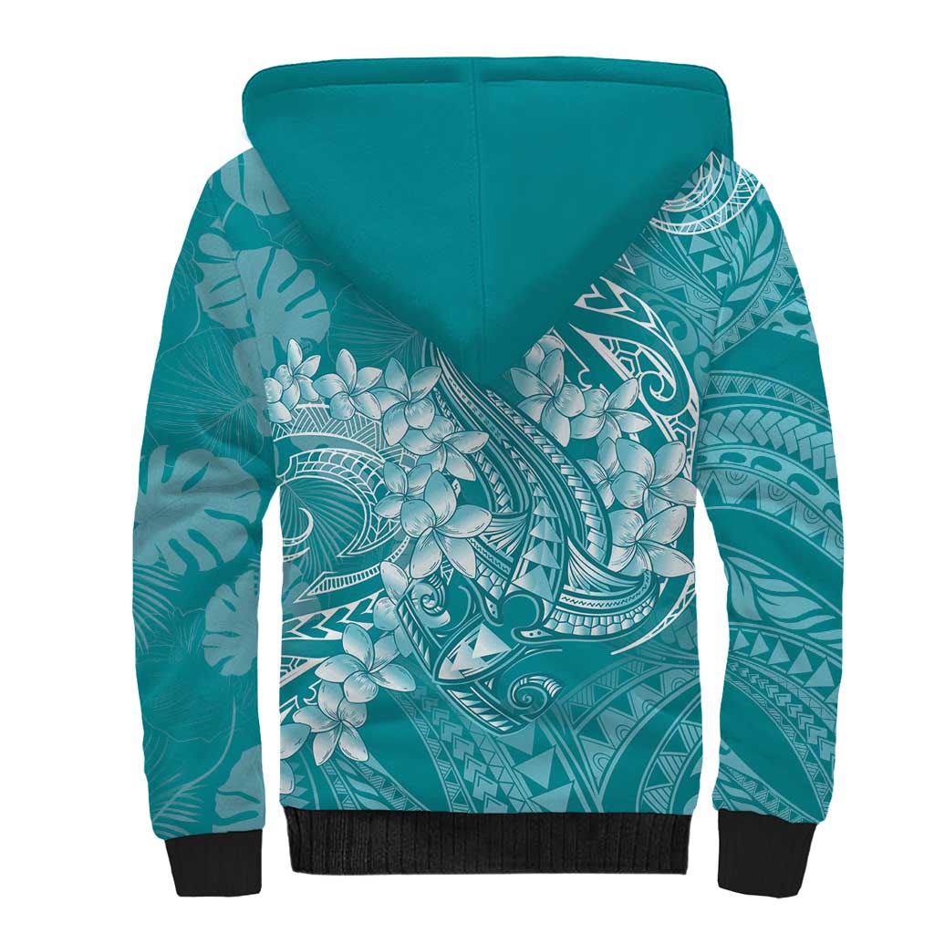 Teal Polynesia Hammerhead Shark Tattoo With Plumeria Lei Sherpa Hoodie