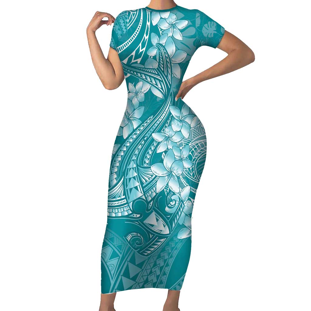Teal Polynesia Hammerhead Shark Tattoo With Plumeria Lei Short Sleeve Bodycon Dress