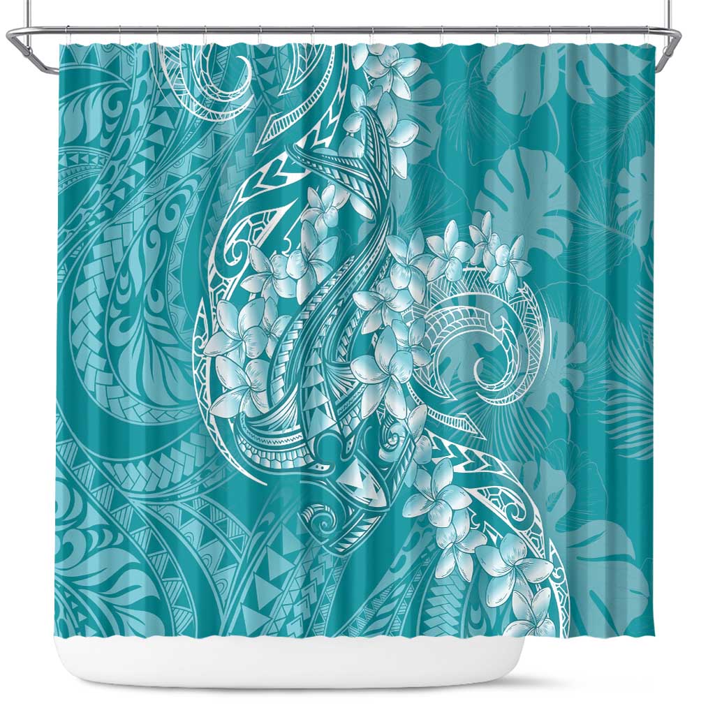 Teal Polynesia Hammerhead Shark Tattoo With Plumeria Lei Shower Curtain