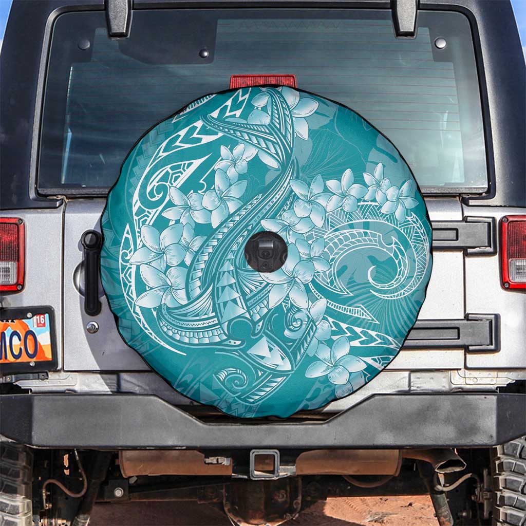 Teal Polynesia Hammerhead Shark Tattoo With Plumeria Lei Spare Tire Cover