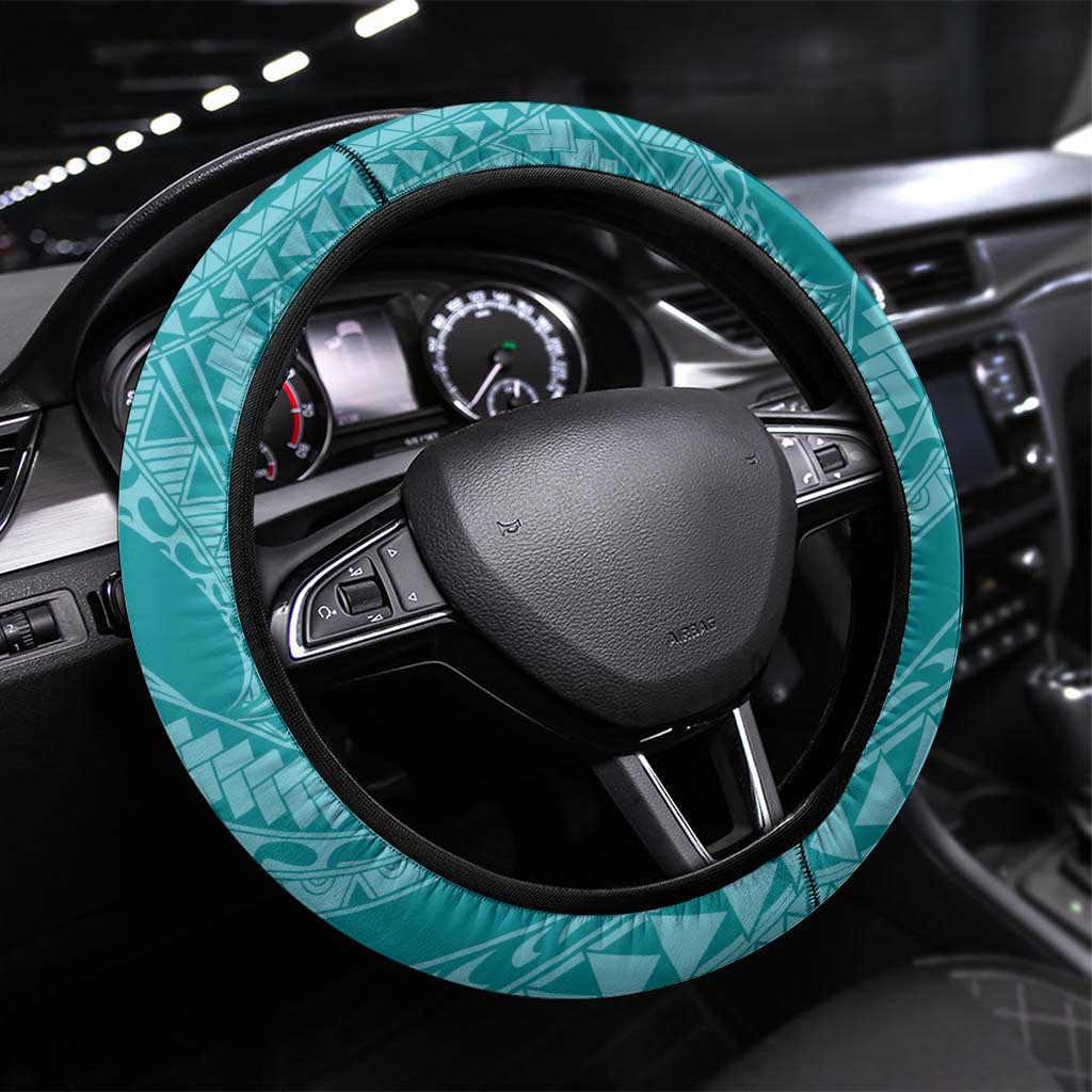Teal Polynesia Hammerhead Shark Tattoo With Plumeria Lei Steering Wheel Cover