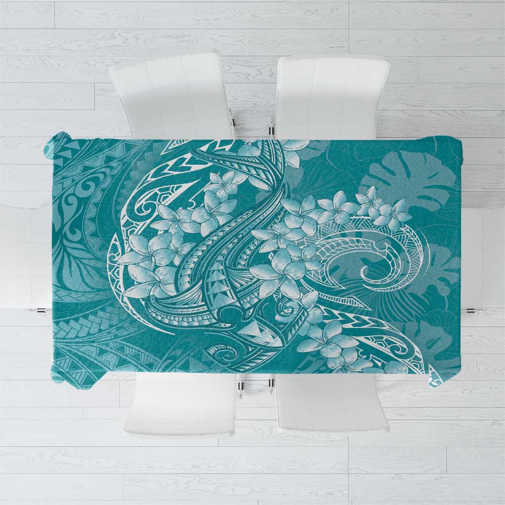 Teal Polynesia Hammerhead Shark Tattoo With Plumeria Lei Tablecloth