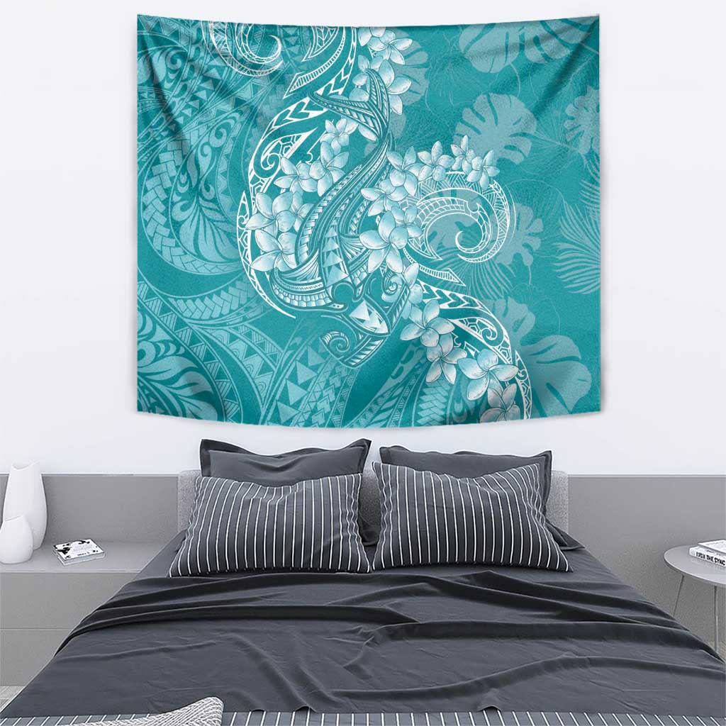 Teal Polynesia Hammerhead Shark Tattoo With Plumeria Lei Tapestry