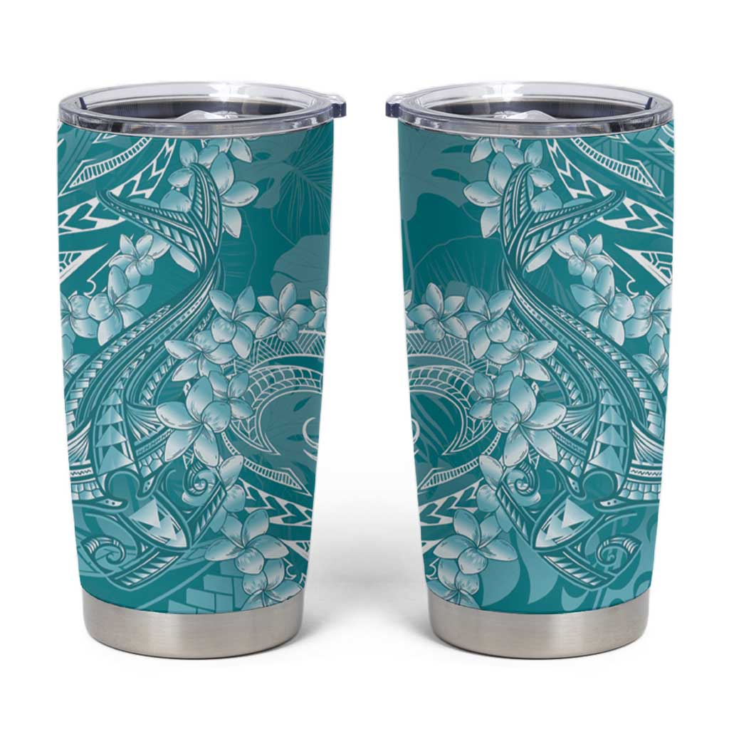 Teal Polynesia Hammerhead Shark Tattoo With Plumeria Lei Tumbler Cup