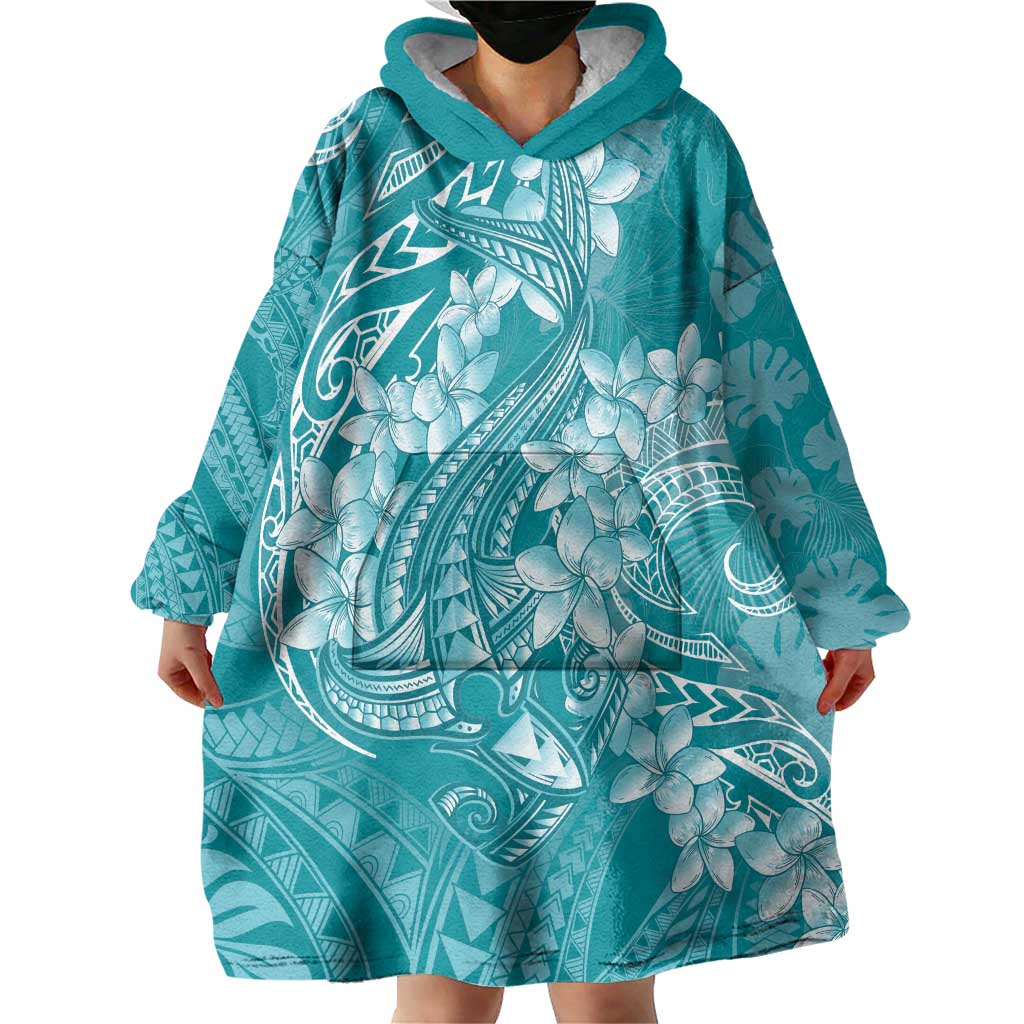 Teal Polynesia Hammerhead Shark Tattoo With Plumeria Lei Wearable Blanket Hoodie