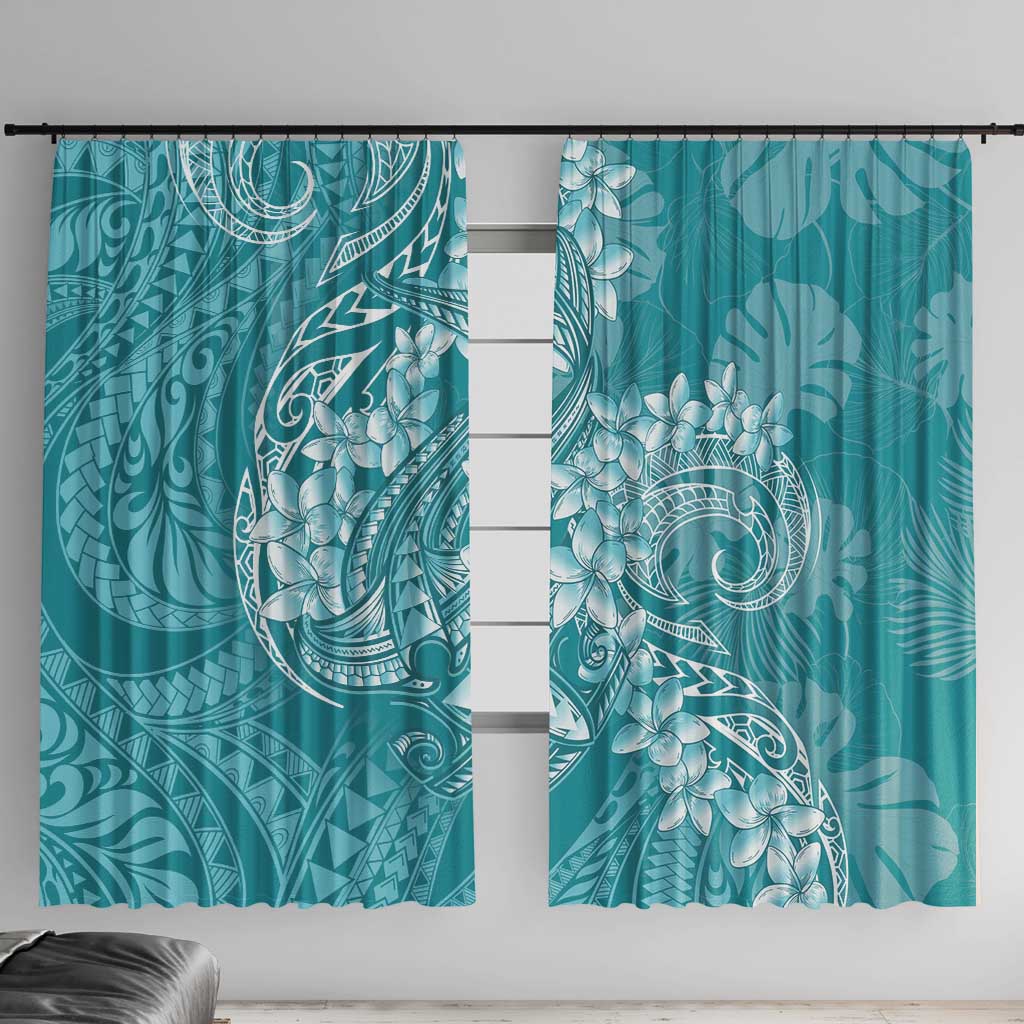 Teal Polynesia Hammerhead Shark Tattoo With Plumeria Lei Window Curtain