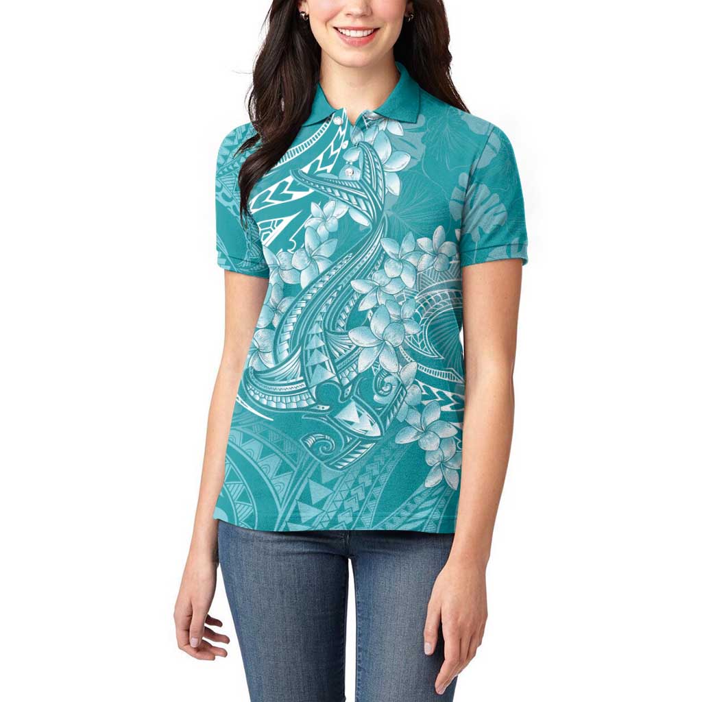Teal Polynesia Hammerhead Shark Tattoo With Plumeria Lei Women Polo Shirt