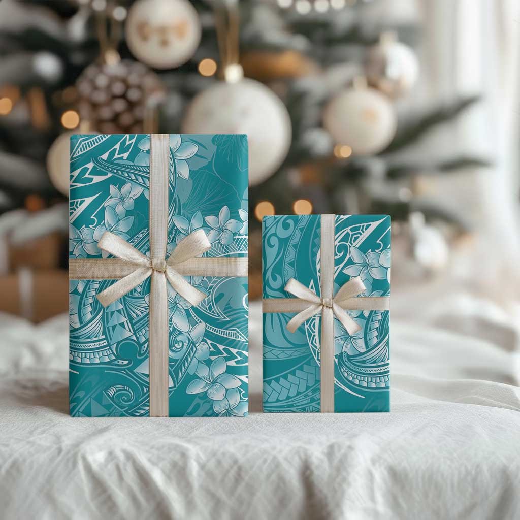 Teal Polynesia Hammerhead Shark Tattoo With Plumeria Lei Wrapping Paper - Polynesian Pride