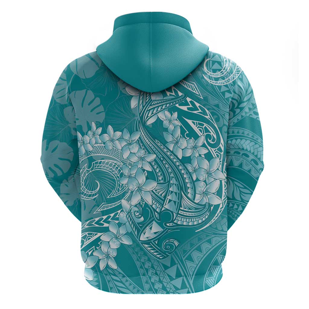 Teal Polynesia Hammerhead Shark Tattoo With Plumeria Lei Zip Hoodie