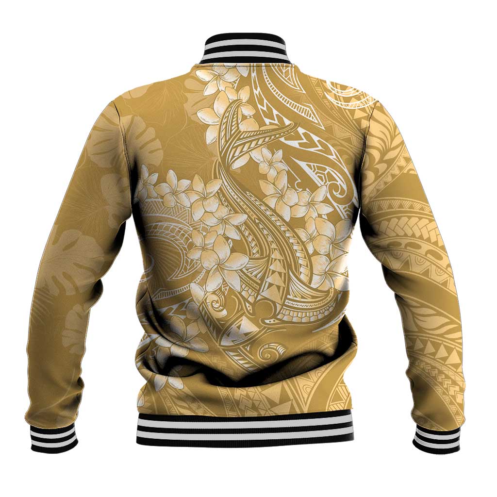Yellow Polynesia Hammerhead Shark Tattoo With Plumeria Lei Baseball Jacket