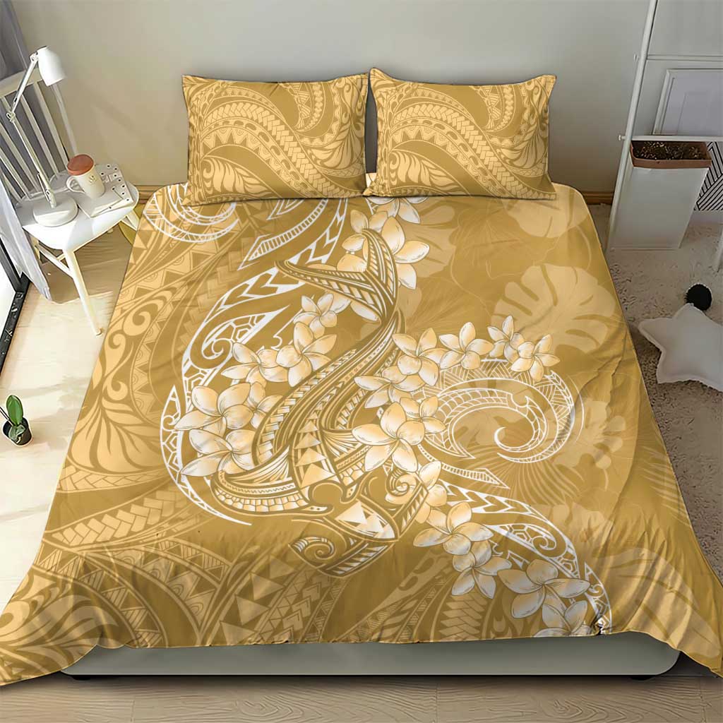 Yellow Polynesia Hammerhead Shark Tattoo With Plumeria Lei Bedding Set