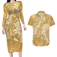 Yellow Polynesia Hammerhead Shark Tattoo With Plumeria Lei Couples Matching Long Sleeve Bodycon Dress and Hawaiian Shirt