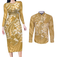 Yellow Polynesia Hammerhead Shark Tattoo With Plumeria Lei Couples Matching Long Sleeve Bodycon Dress and Long Sleeve Button Shirt