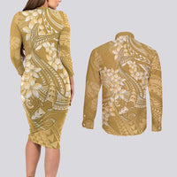 Yellow Polynesia Hammerhead Shark Tattoo With Plumeria Lei Couples Matching Long Sleeve Bodycon Dress and Long Sleeve Button Shirt