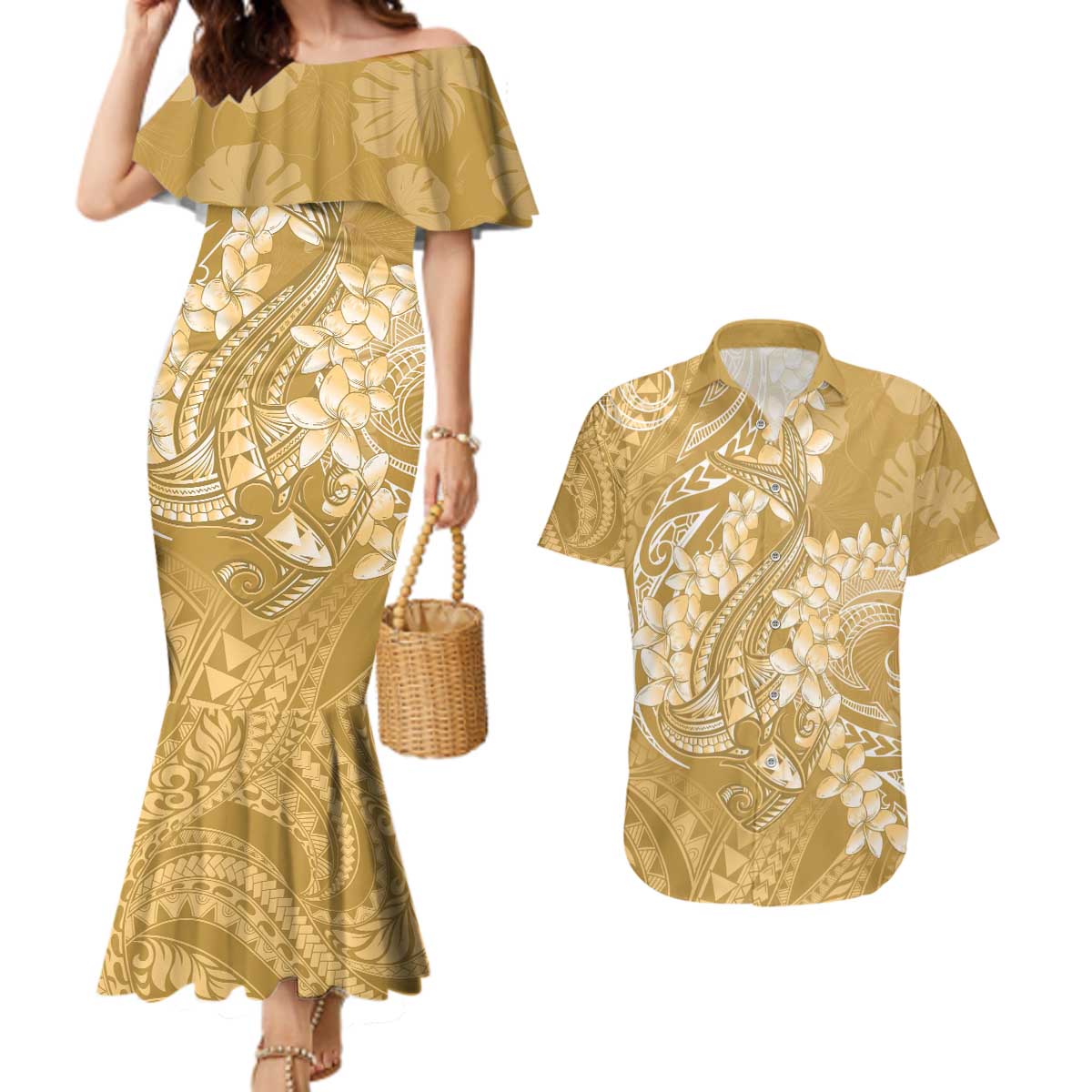 Yellow Polynesia Hammerhead Shark Tattoo With Plumeria Lei Couples Matching Mermaid Dress and Hawaiian Shirt