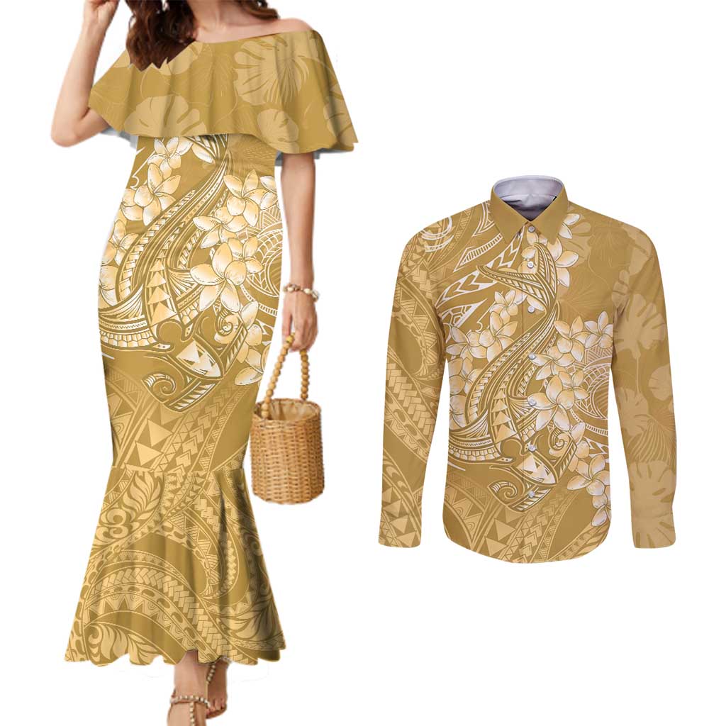 Yellow Polynesia Hammerhead Shark Tattoo With Plumeria Lei Couples Matching Mermaid Dress and Long Sleeve Button Shirt