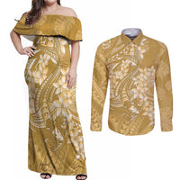Yellow Polynesia Hammerhead Shark Tattoo With Plumeria Lei Couples Matching Off Shoulder Maxi Dress and Long Sleeve Button Shirt LT14 Yellow - Polynesian Pride