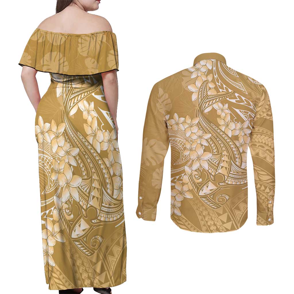 Yellow Polynesia Hammerhead Shark Tattoo With Plumeria Lei Couples Matching Off Shoulder Maxi Dress and Long Sleeve Button Shirt LT14 - Polynesian Pride