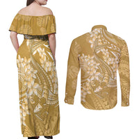 Yellow Polynesia Hammerhead Shark Tattoo With Plumeria Lei Couples Matching Off Shoulder Maxi Dress and Long Sleeve Button Shirt LT14 - Polynesian Pride