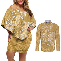 Yellow Polynesia Hammerhead Shark Tattoo With Plumeria Lei Couples Matching Off Shoulder Short Dress and Long Sleeve Button Shirt