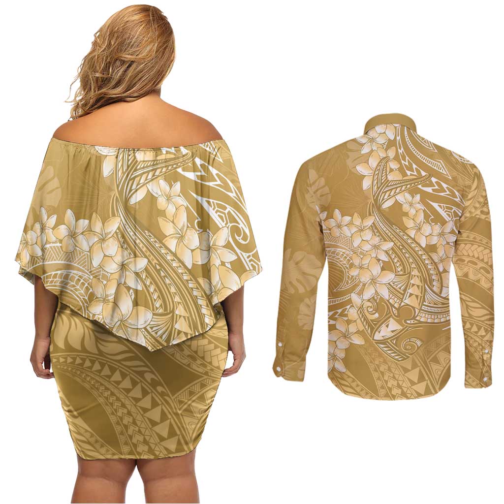 Yellow Polynesia Hammerhead Shark Tattoo With Plumeria Lei Couples Matching Off Shoulder Short Dress and Long Sleeve Button Shirt