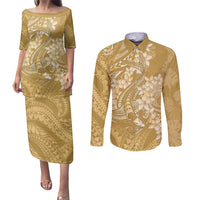 Yellow Polynesia Hammerhead Shark Tattoo With Plumeria Lei Couples Matching Puletasi and Long Sleeve Button Shirt