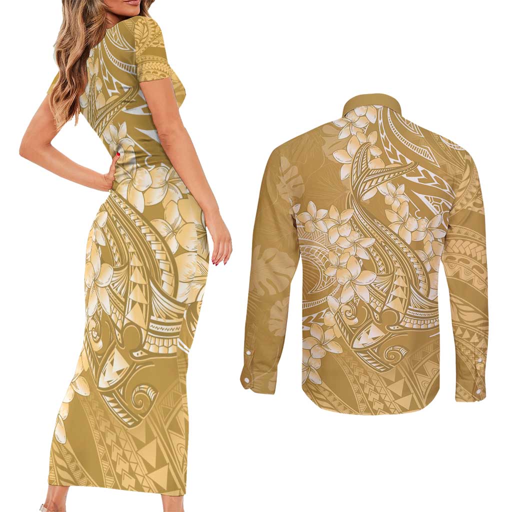 Yellow Polynesia Hammerhead Shark Tattoo With Plumeria Lei Couples Matching Short Sleeve Bodycon Dress and Long Sleeve Button Shirt