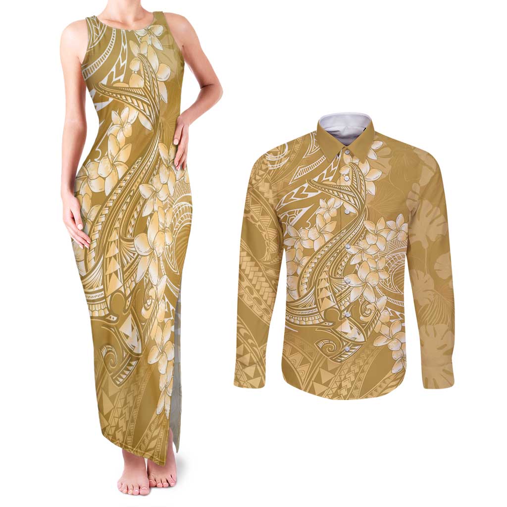 Yellow Polynesia Hammerhead Shark Tattoo With Plumeria Lei Couples Matching Tank Maxi Dress and Long Sleeve Button Shirt LT14 Yellow - Polynesian Pride