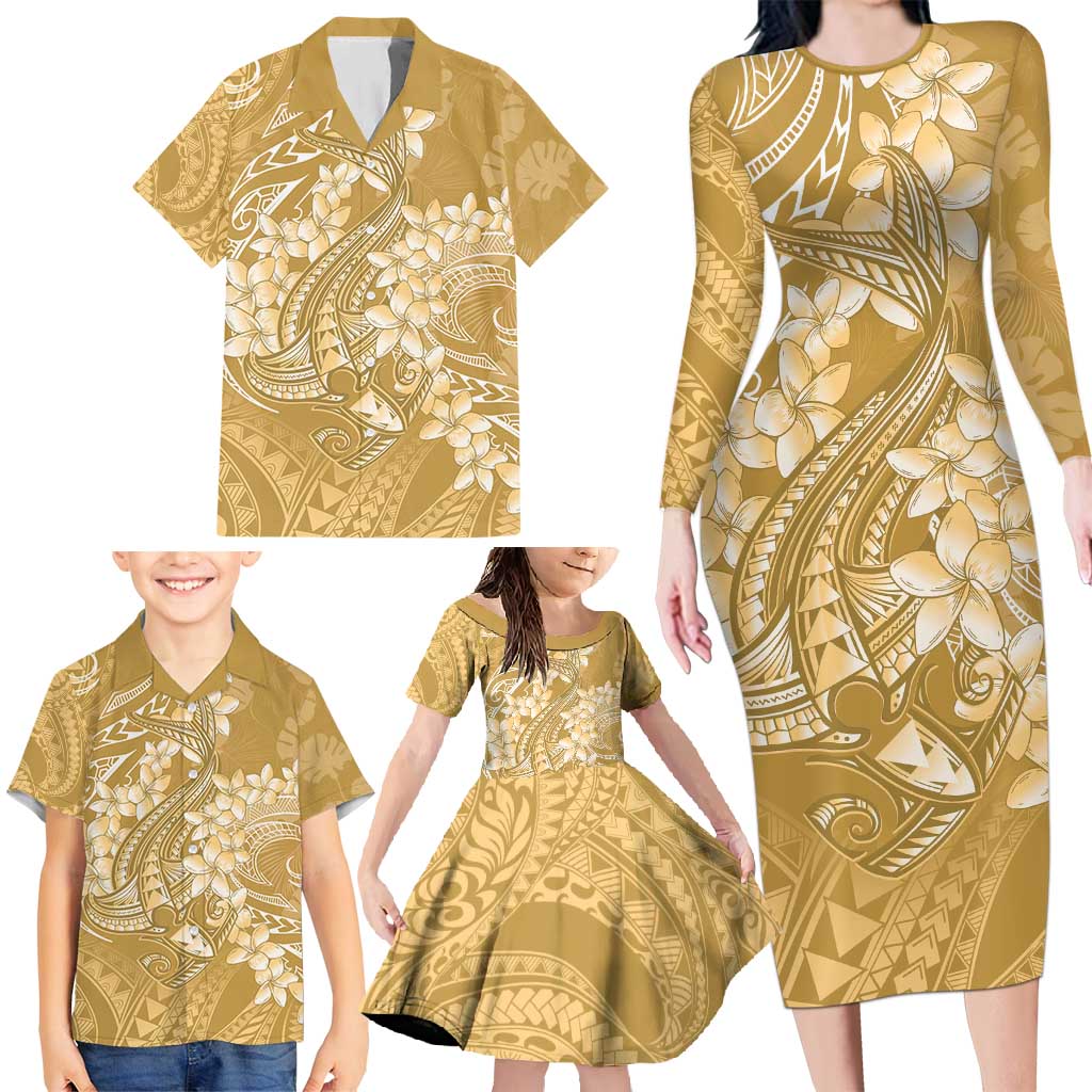 Yellow Polynesia Hammerhead Shark Tattoo With Plumeria Lei Family Matching Long Sleeve Bodycon Dress and Hawaiian Shirt