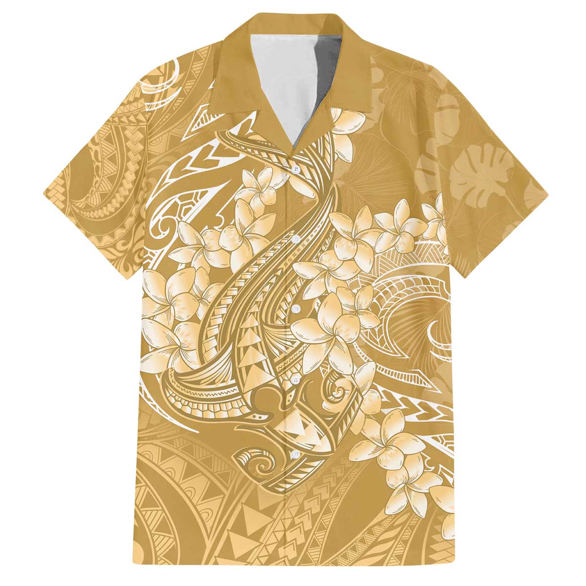 Yellow Polynesia Hammerhead Shark Tattoo With Plumeria Lei Family Matching Off The Shoulder Long Sleeve Dress and Hawaiian Shirt