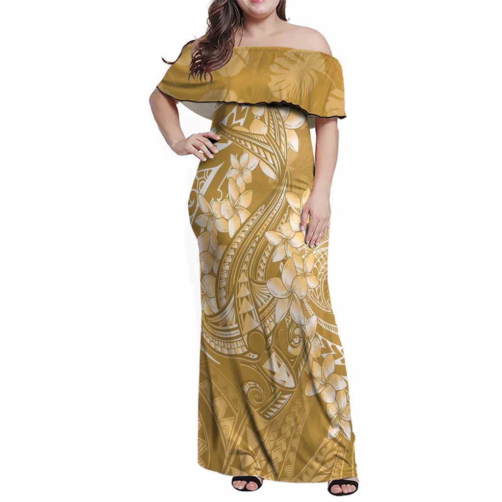 Yellow Polynesia Hammerhead Shark Tattoo With Plumeria Lei Family Matching Off Shoulder Maxi Dress and Hawaiian Shirt