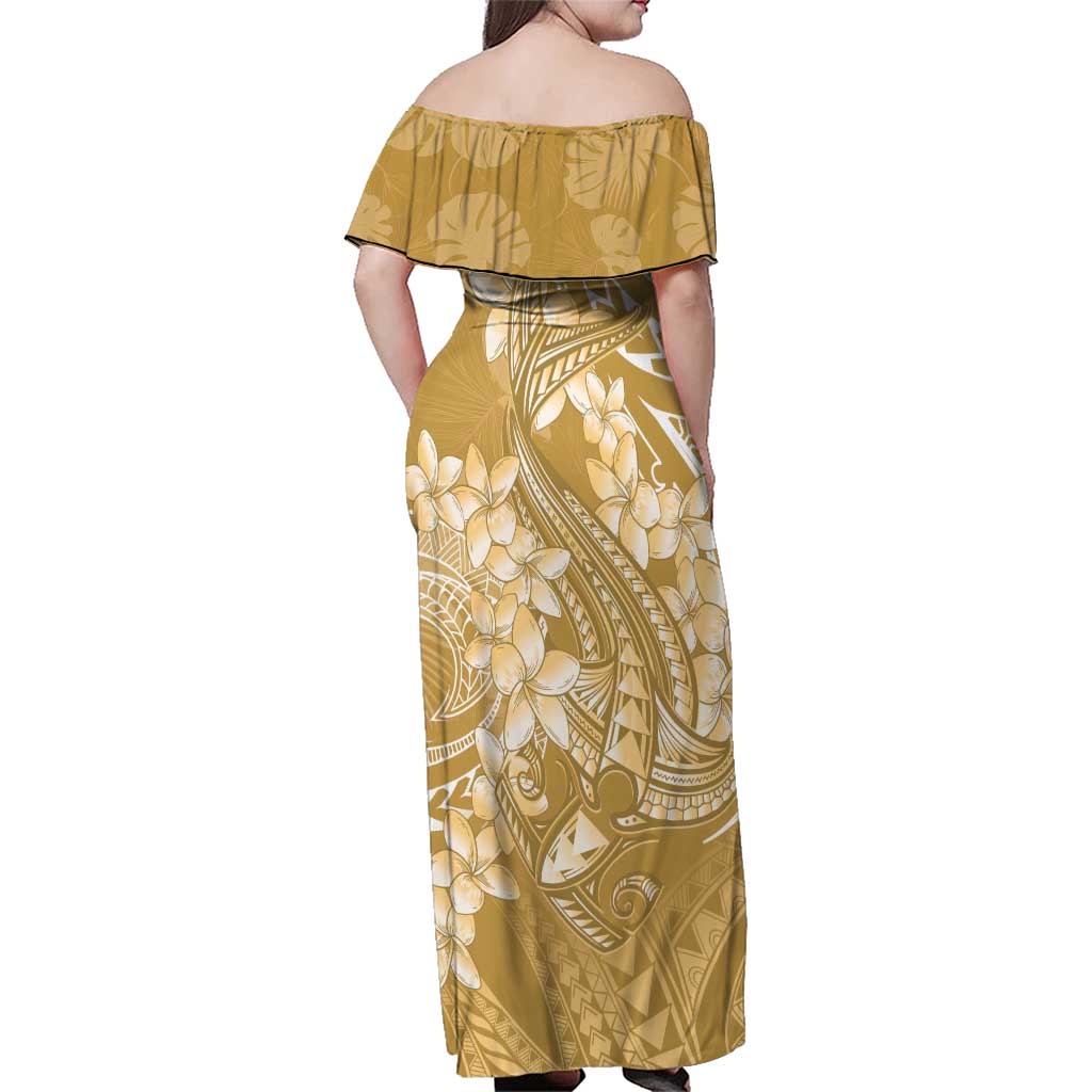 Yellow Polynesia Hammerhead Shark Tattoo With Plumeria Lei Family Matching Off Shoulder Maxi Dress and Hawaiian Shirt