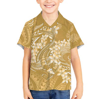 Yellow Polynesia Hammerhead Shark Tattoo With Plumeria Lei Family Matching Off Shoulder Maxi Dress and Hawaiian Shirt