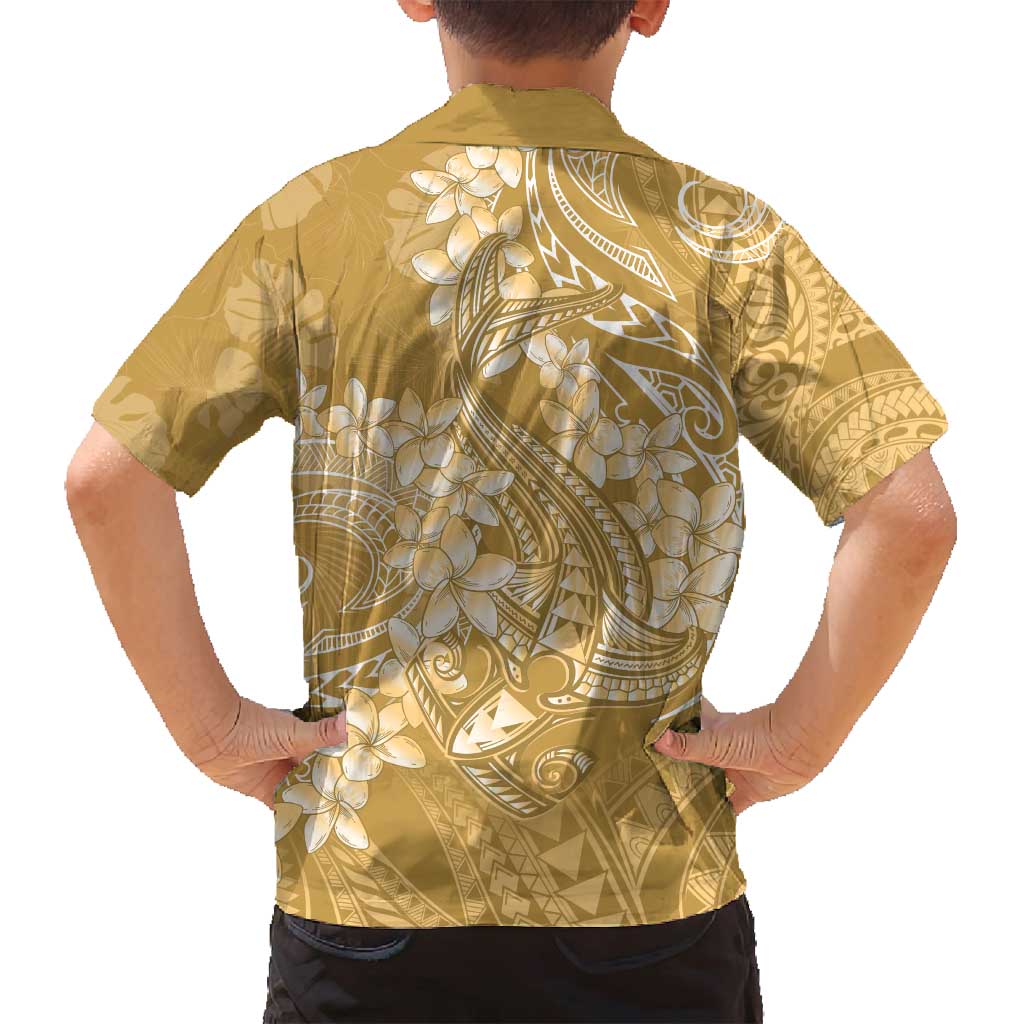 Yellow Polynesia Hammerhead Shark Tattoo With Plumeria Lei Family Matching Off Shoulder Short Dress and Hawaiian Shirt