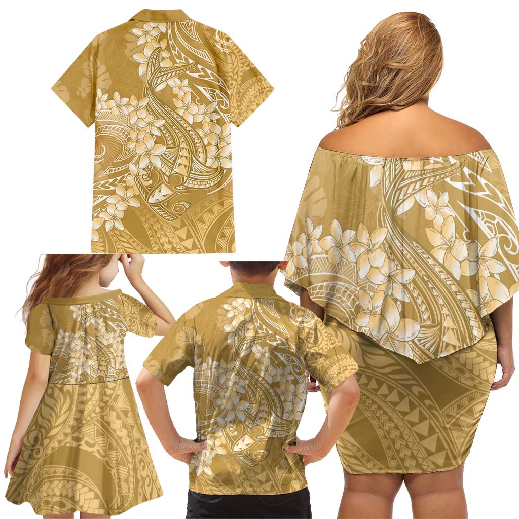 Yellow Polynesia Hammerhead Shark Tattoo With Plumeria Lei Family Matching Off Shoulder Short Dress and Hawaiian Shirt