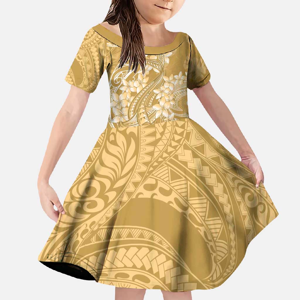 Yellow Polynesia Hammerhead Shark Tattoo With Plumeria Lei Family Matching Short Sleeve Bodycon Dress and Hawaiian Shirt