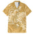Yellow Polynesia Hammerhead Shark Tattoo With Plumeria Lei Family Matching Short Sleeve Bodycon Dress and Hawaiian Shirt