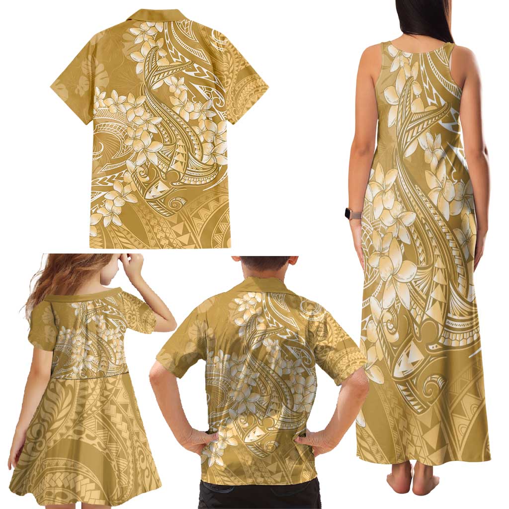 Yellow Polynesia Hammerhead Shark Tattoo With Plumeria Lei Family Matching Tank Maxi Dress and Hawaiian Shirt