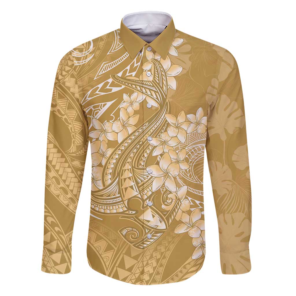 Yellow Polynesia Hammerhead Shark Tattoo With Plumeria Lei Family Matching Tank Maxi Dress and Hawaiian Shirt