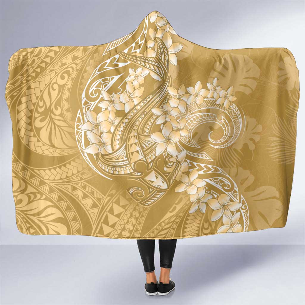 Yellow Polynesia Hammerhead Shark Tattoo With Plumeria Lei Hooded Blanket