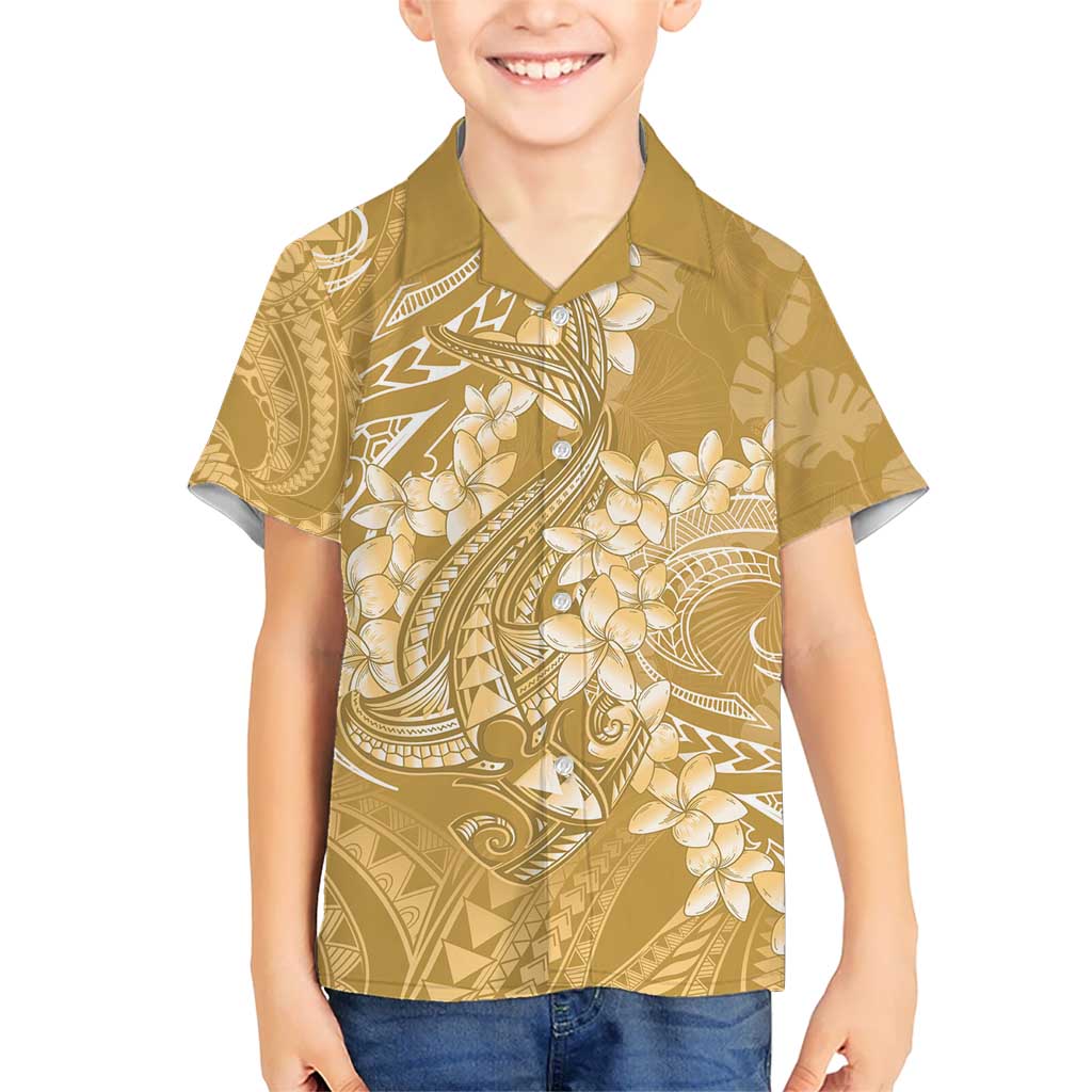 Yellow Polynesia Hammerhead Shark Tattoo With Plumeria Lei Kid Hawaiian Shirt