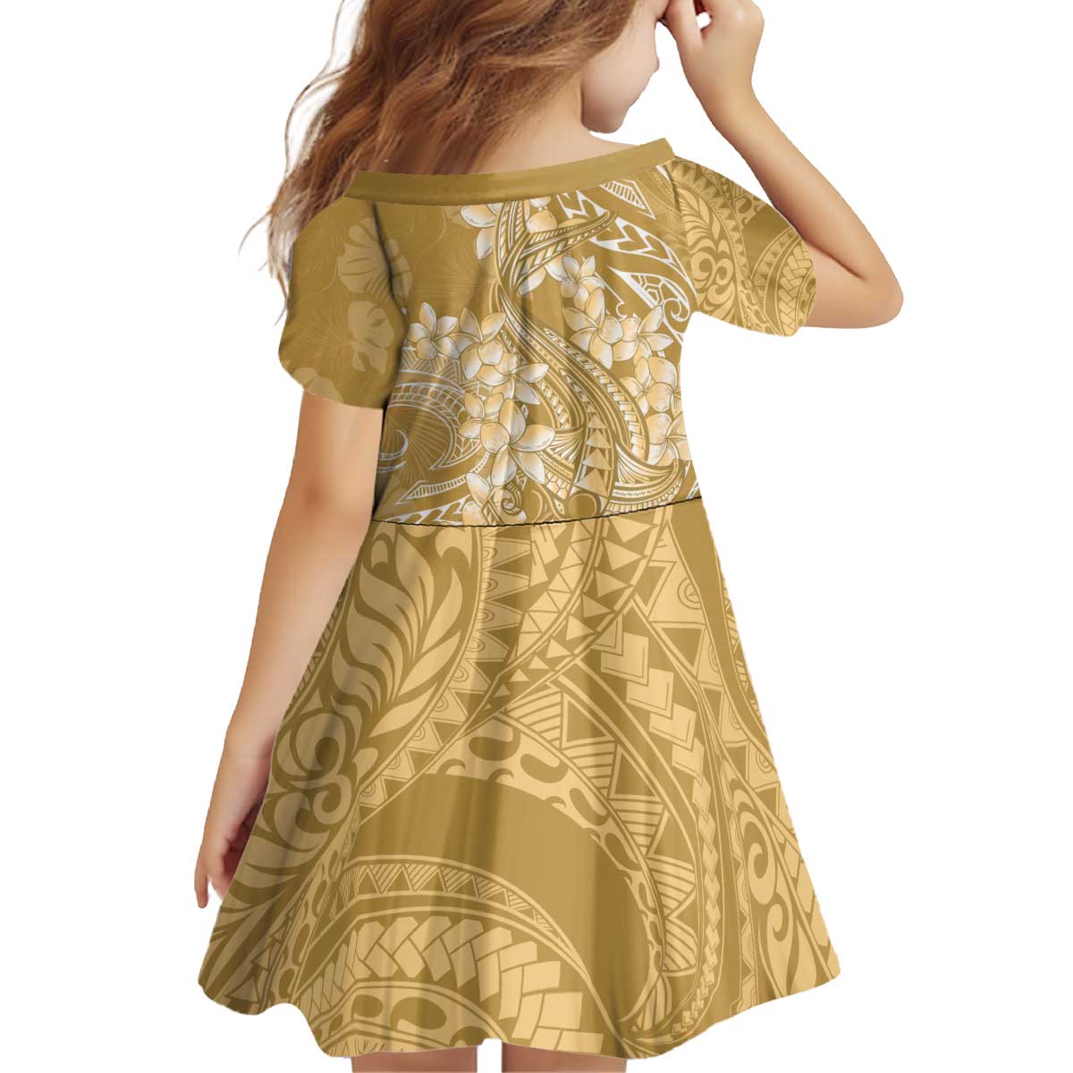 Yellow Polynesia Hammerhead Shark Tattoo With Plumeria Lei Kid Short Sleeve Dress