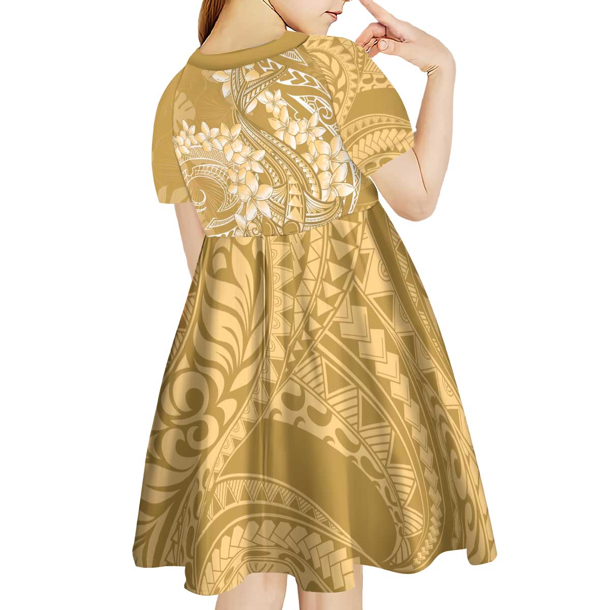 Yellow Polynesia Hammerhead Shark Tattoo With Plumeria Lei Kid Short Sleeve Dress